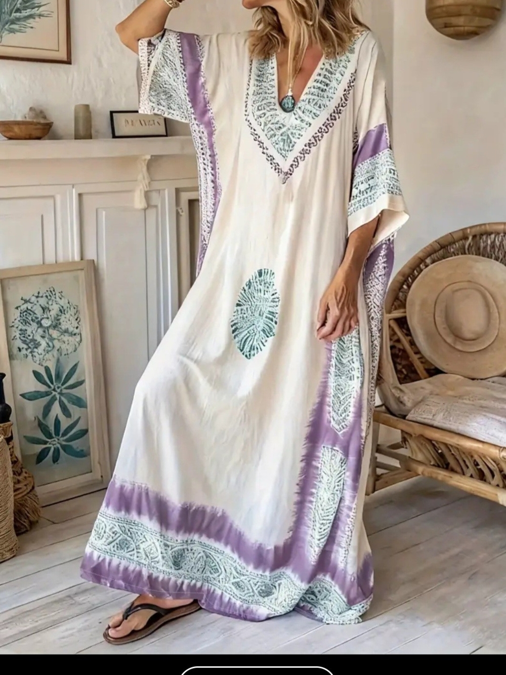 Ivory Maxi Caftan Dress with Lavender and Seafoam Accents